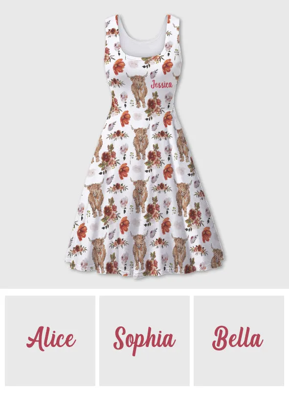 Floral Highland Cow - Personalized Highland Cow Sleeveless Dress