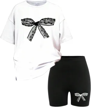 Girl's 2 Piece Cute Summer Outfits Bowknot Graphic Short Sleeve T Shirt and Biker Shorts Set