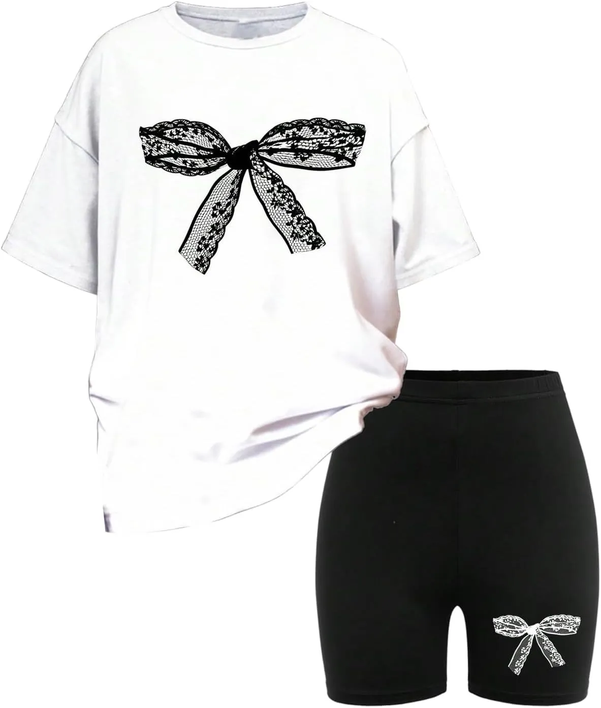Girl's 2 Piece Cute Summer Outfits Bowknot Graphic Short Sleeve T Shirt and Biker Shorts Set