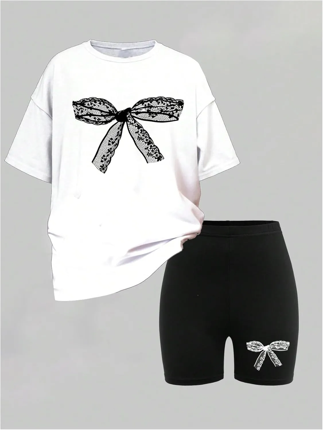 Girl's 2 Piece Cute Summer Outfits Bowknot Graphic Short Sleeve T Shirt and Biker Shorts Set