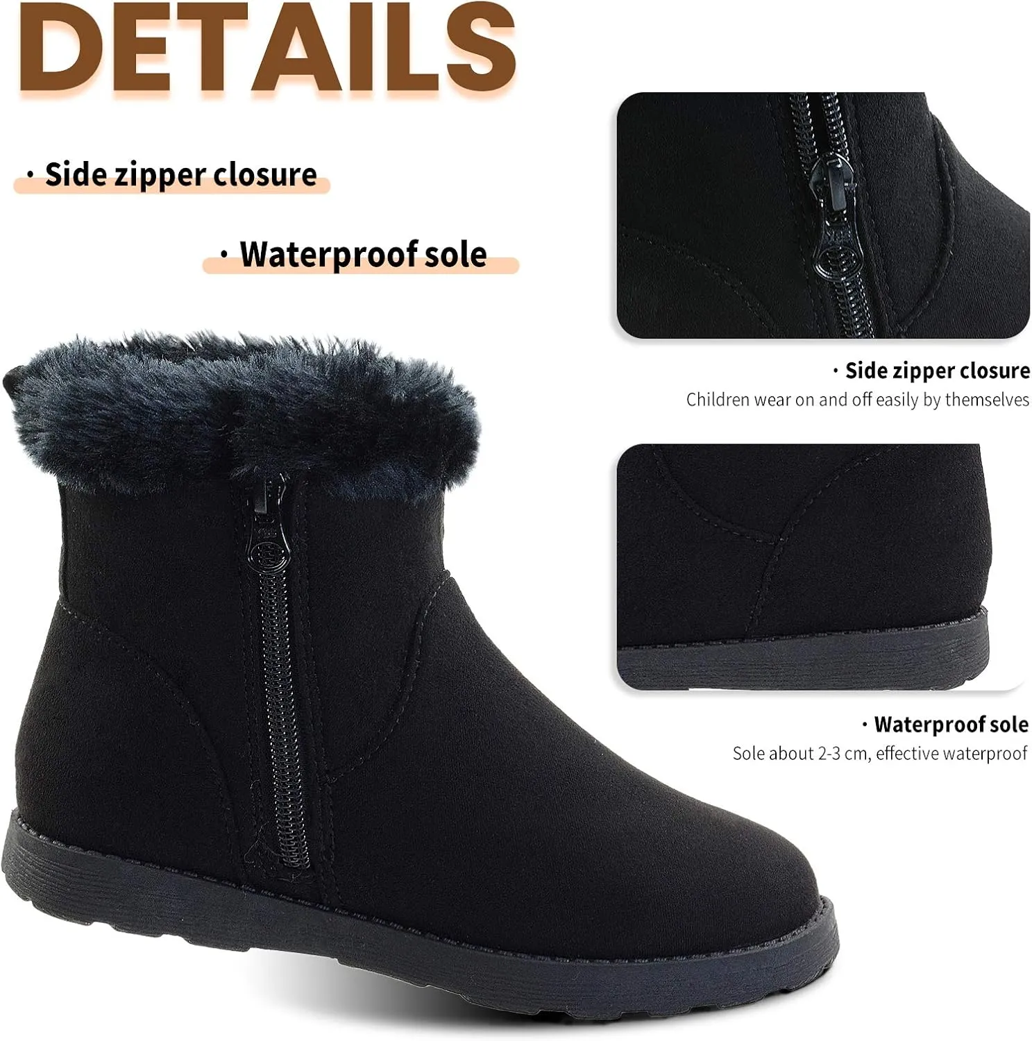 Girls-Boots-Warm-Ankle-Winter-Boots Kids Soft Plush Lining Fur Collar with Zipper Snow Bootie Indoor Outdoor Shoes for Toddler Little Big Kids Girls