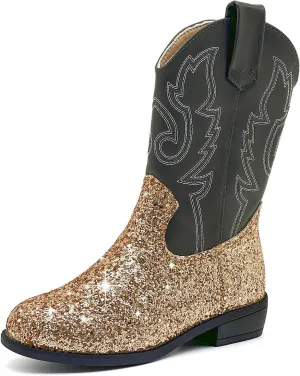 Girls Cowboy Boots Kids Embroidered Square Toe Mid Calf Glitter Western Cowgirl Boot Side Zipper Shoes