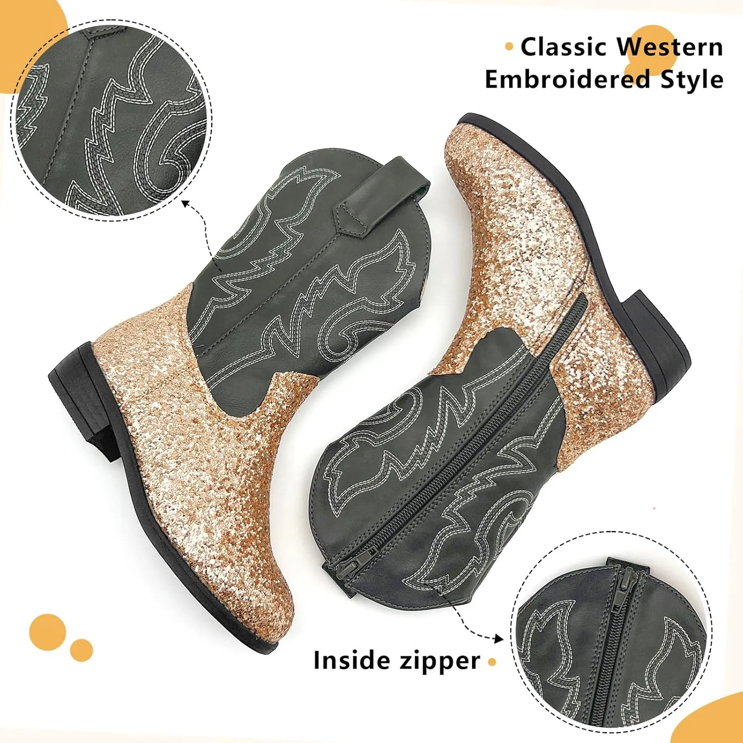 Girls Cowboy Boots Kids Embroidered Square Toe Mid Calf Glitter Western Cowgirl Boot Side Zipper Shoes