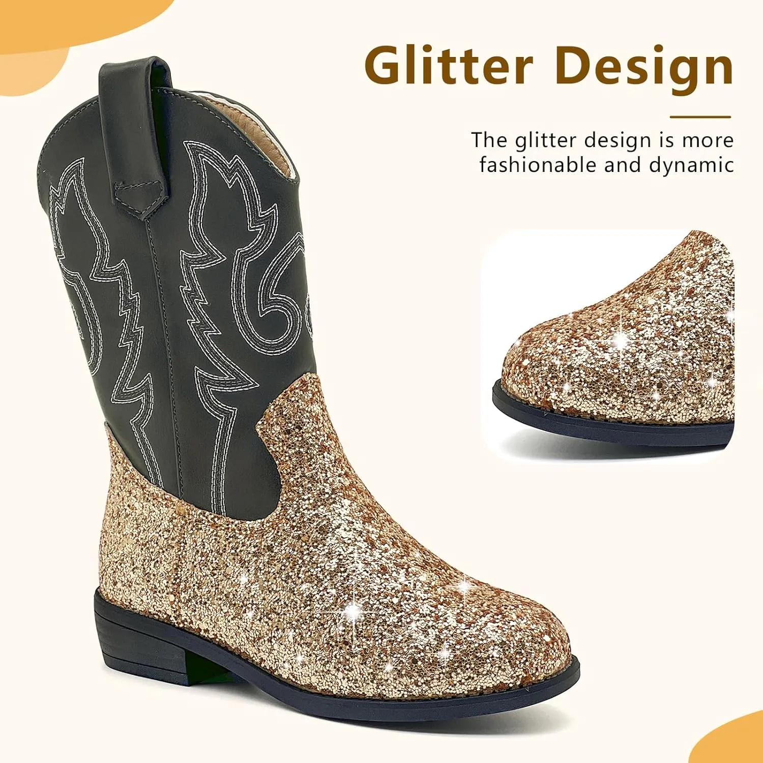 Girls Cowboy Boots Kids Embroidered Square Toe Mid Calf Glitter Western Cowgirl Boot Side Zipper Shoes