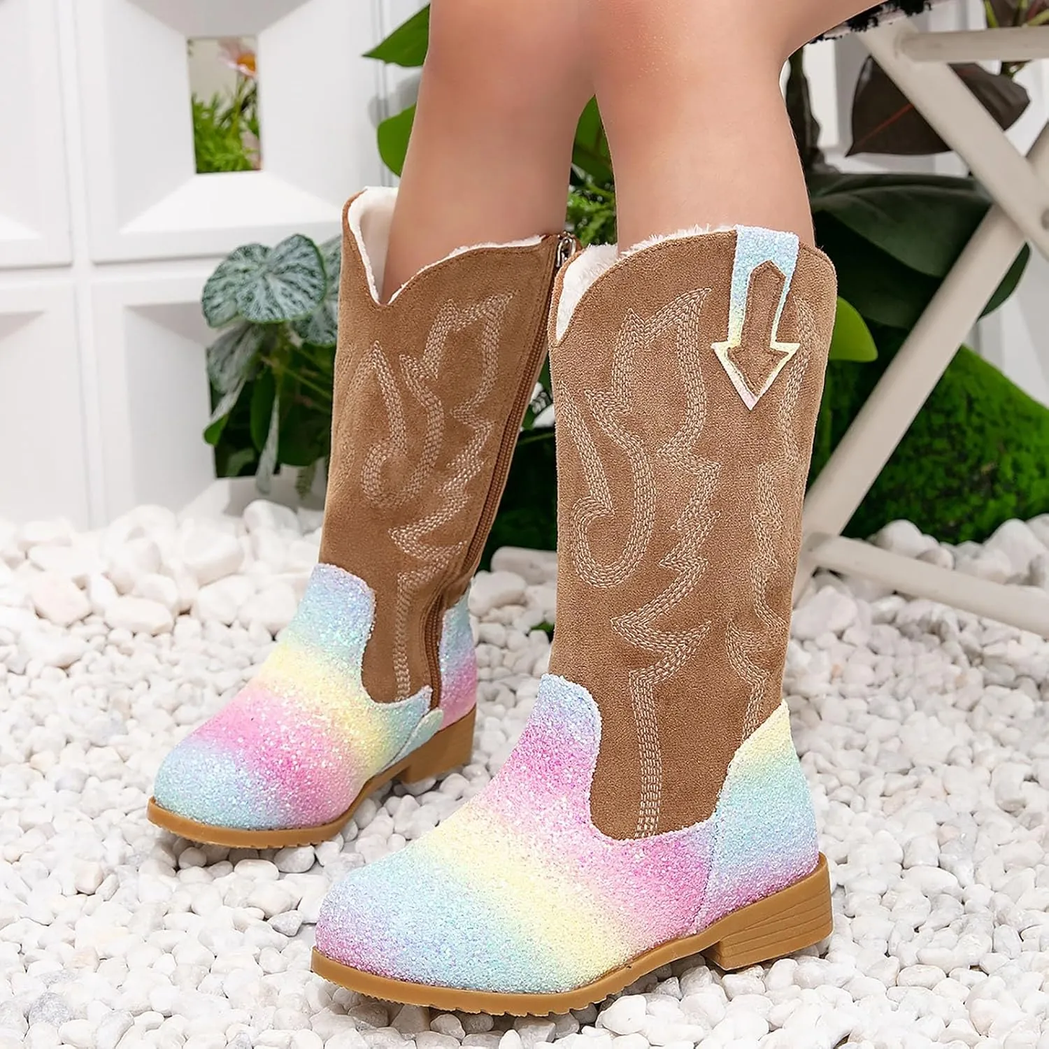 Girls Cowgirl Boots Kids Mid Calf Boots Glitter Cowboy Boots Side Zipper Riding Shoes Party Birthday Dance Shoes