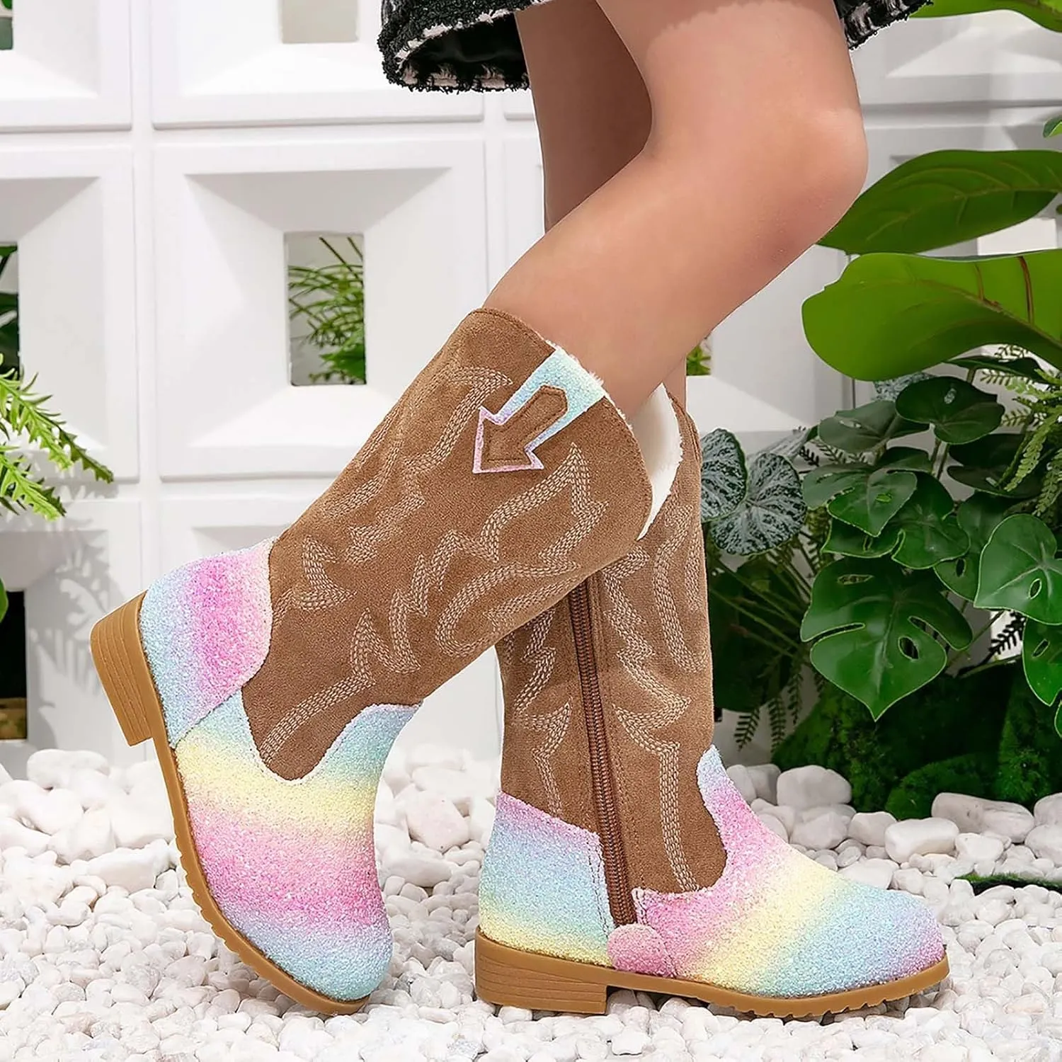 Girls Cowgirl Boots Kids Mid Calf Boots Glitter Cowboy Boots Side Zipper Riding Shoes Party Birthday Dance Shoes