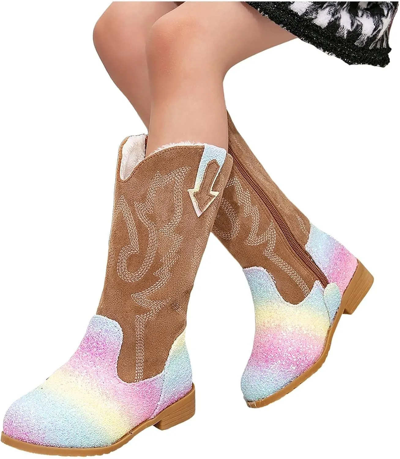 Girls Cowgirl Boots Kids Mid Calf Boots Glitter Cowboy Boots Side Zipper Riding Shoes Party Birthday Dance Shoes