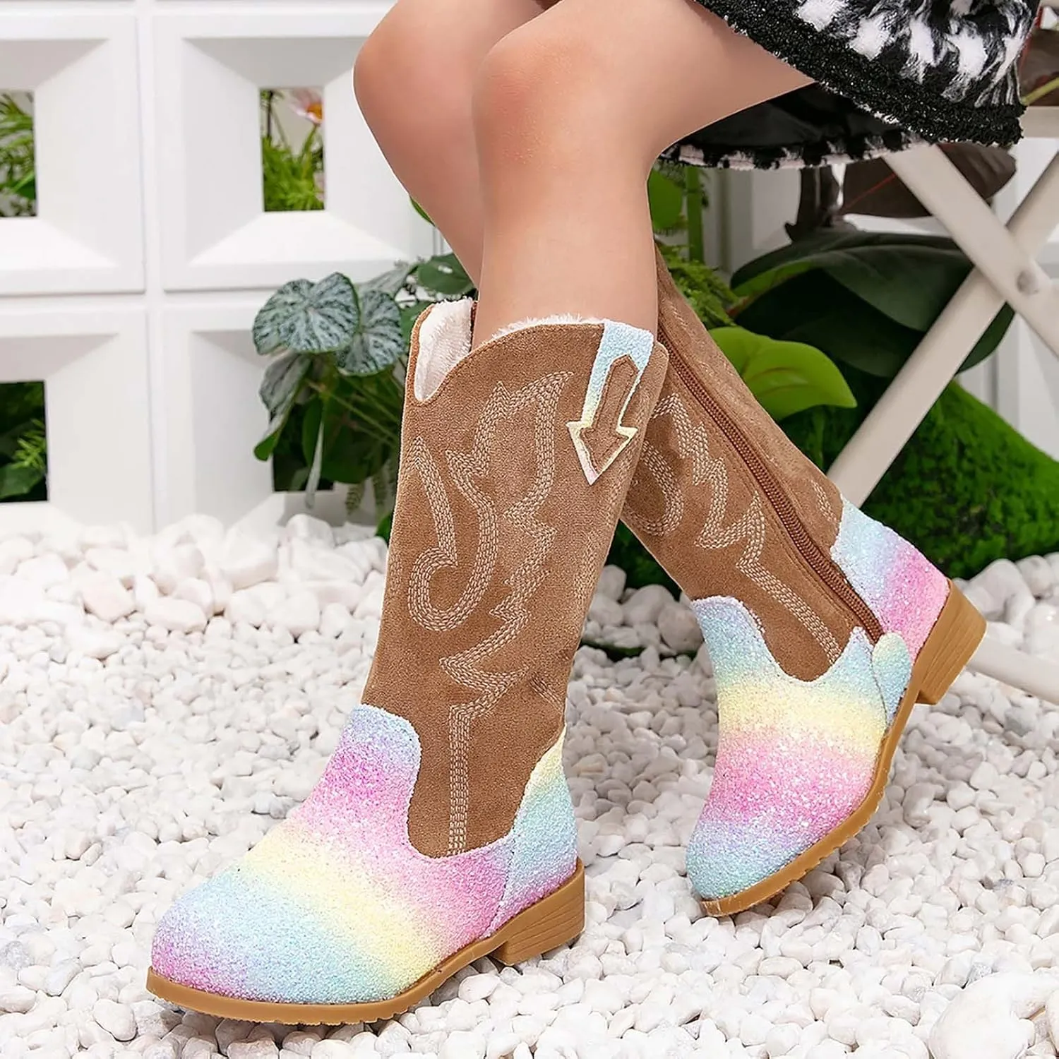 Girls Cowgirl Boots Kids Mid Calf Boots Glitter Cowboy Boots Side Zipper Riding Shoes Party Birthday Dance Shoes