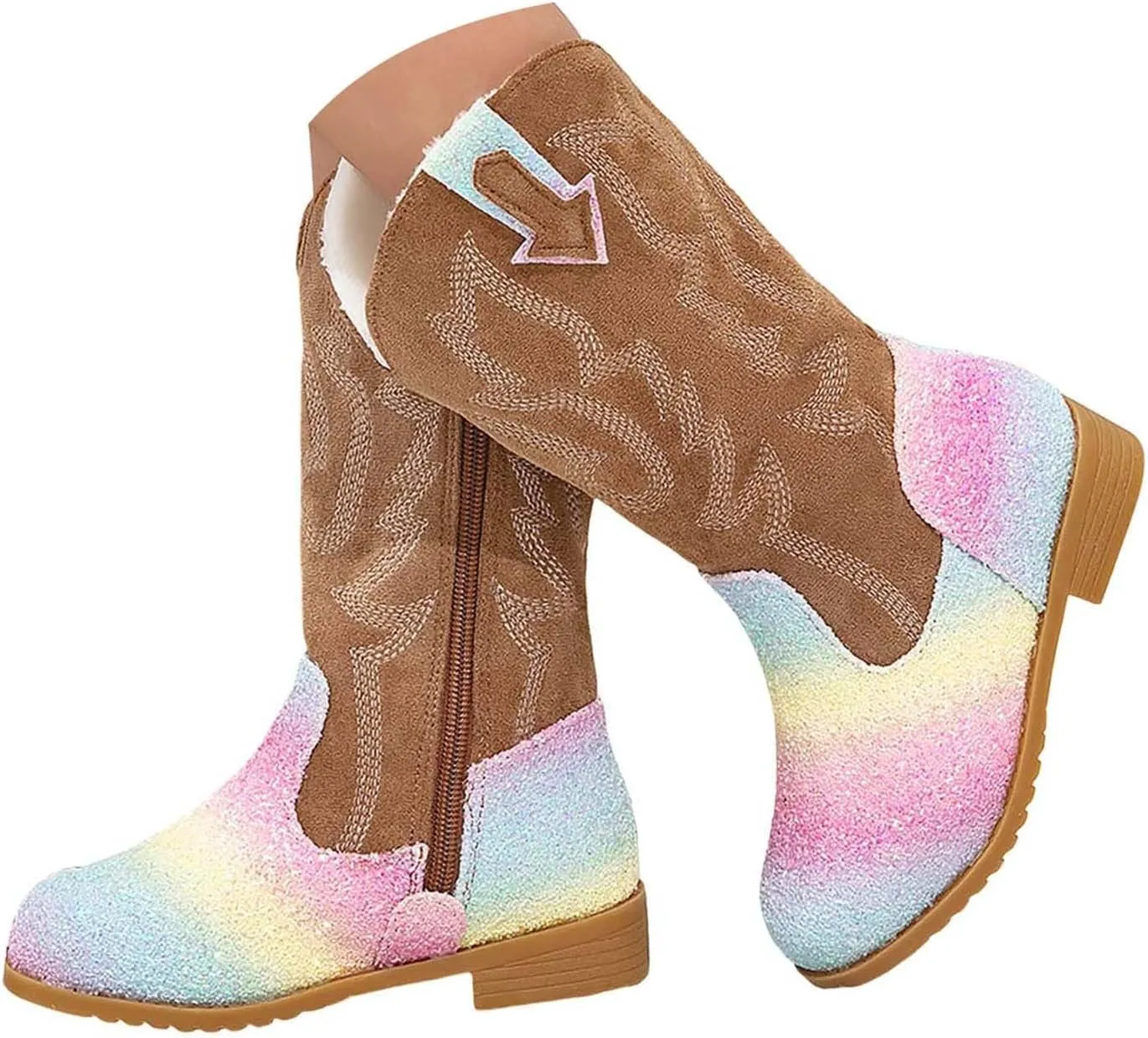 Girls Cowgirl Boots Kids Mid Calf Boots Glitter Cowboy Boots Side Zipper Riding Shoes Party Birthday Dance Shoes