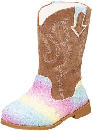 Girls Cowgirl Boots Kids Mid Calf Boots Glitter Cowboy Boots Side Zipper Riding Shoes Party Birthday Dance Shoes