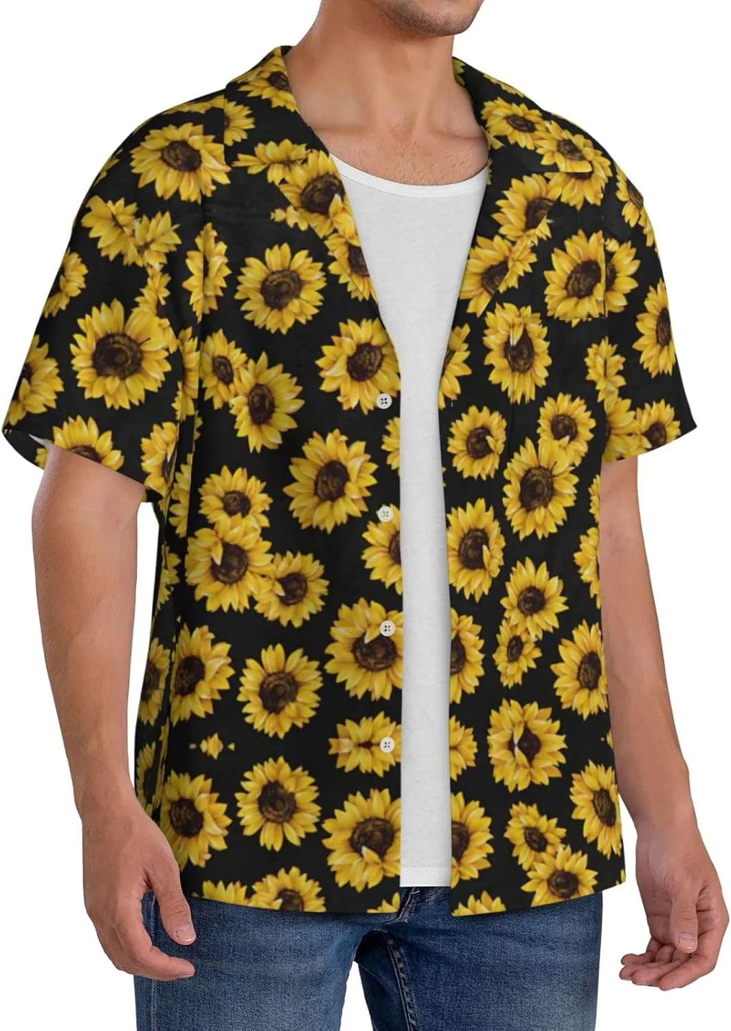 Golden Sunflowers Printing Men's Fashion Summer Short Sleeve Button Shirt with Pocket,S-4xl Cuban Shirt Hawaiian Shirt