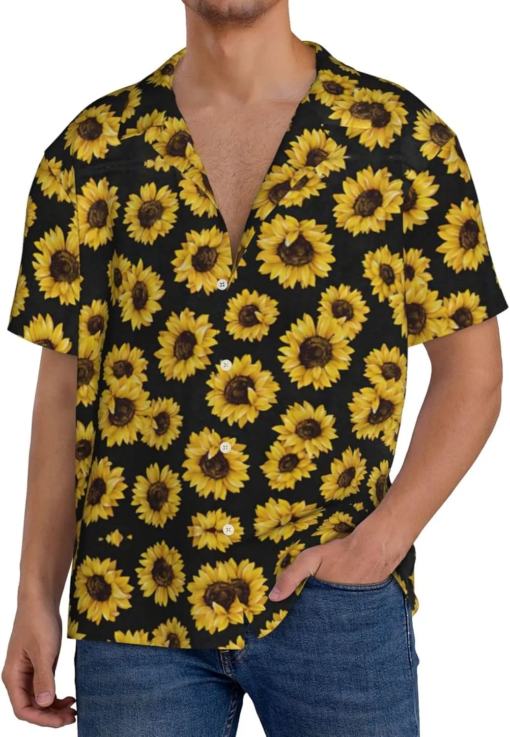Golden Sunflowers Printing Men's Fashion Summer Short Sleeve Button Shirt with Pocket,S-4xl Cuban Shirt Hawaiian Shirt