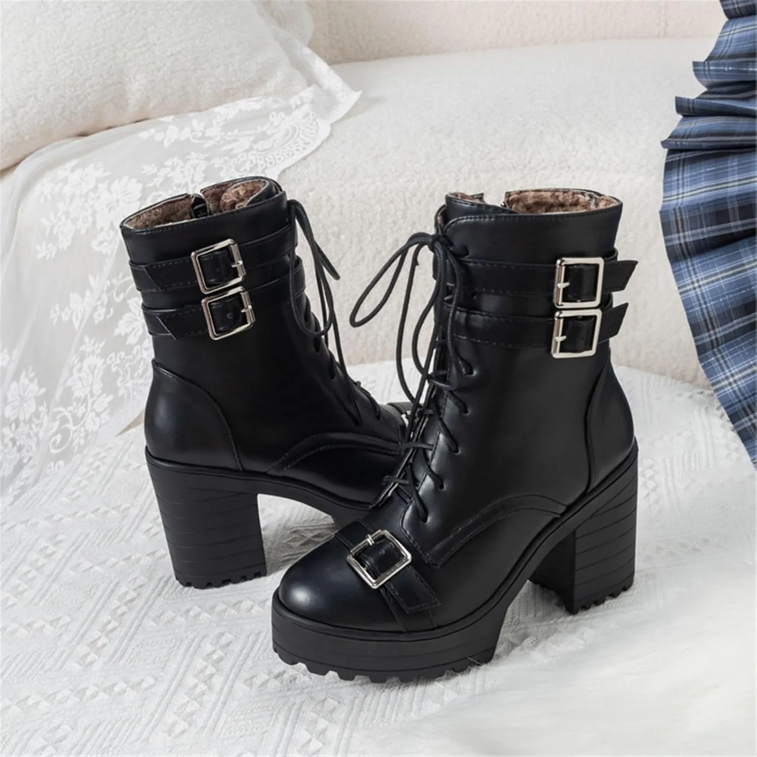 Goth Boots Chunky Heel Boot For Women Ankle Combat Booties Black Platform Bootie Buckle Rivets Punk Goth Shoes With Zipper