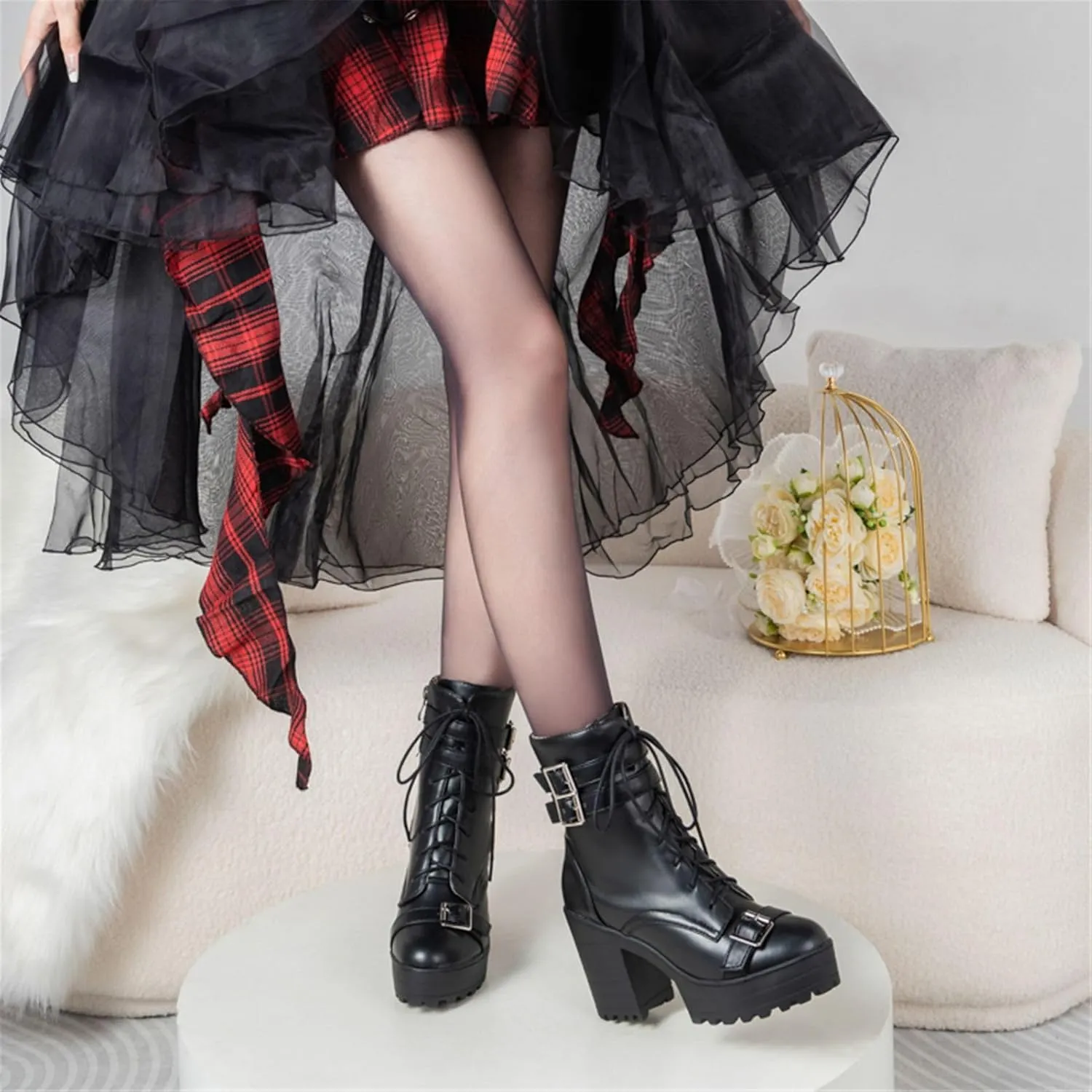 Goth Boots Chunky Heel Boot For Women Ankle Combat Booties Black Platform Bootie Buckle Rivets Punk Goth Shoes With Zipper
