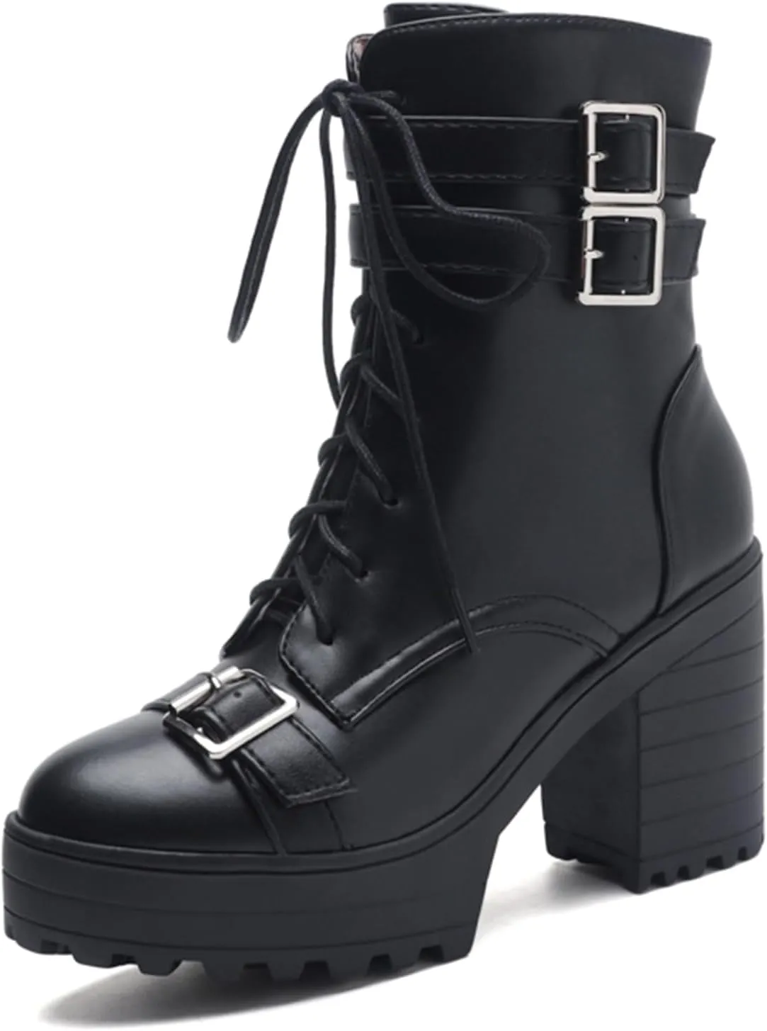 Goth Boots Chunky Heel Boot For Women Ankle Combat Booties Black Platform Bootie Buckle Rivets Punk Goth Shoes With Zipper