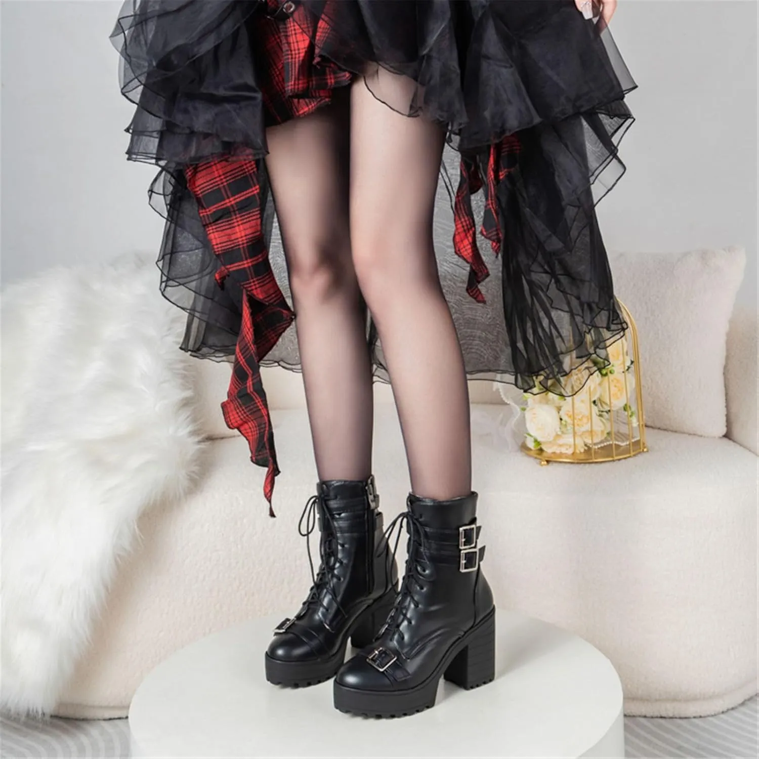 Goth Boots Chunky Heel Boot For Women Ankle Combat Booties Black Platform Bootie Buckle Rivets Punk Goth Shoes With Zipper