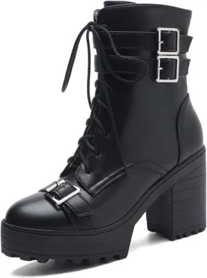Goth Boots Chunky Heel Boot For Women Ankle Combat Booties Black Platform Bootie Buckle Rivets Punk Goth Shoes With Zipper