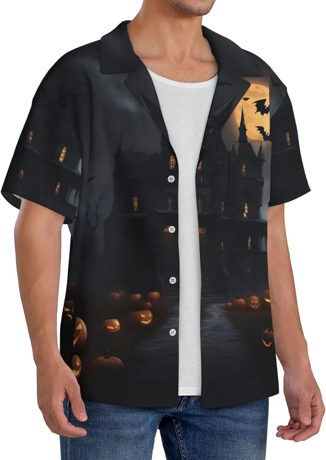 Halloween Goth Printing Men's Fashion Summer Short Sleeve Button Shirt with Pocket,S-4xl Cuban Shirt Hawaiian Shirt