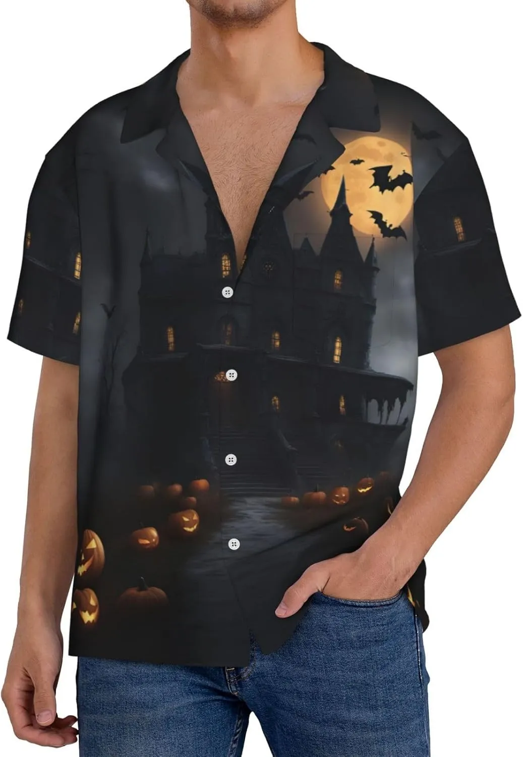 Halloween Goth Printing Men's Fashion Summer Short Sleeve Button Shirt with Pocket,S-4xl Cuban Shirt Hawaiian Shirt