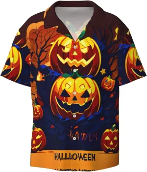 Halloween Pumpkin Printing Men's Fashion Summer Short Sleeve Button Shirt with Pocket,S-4xl Cuban Shirt Hawaiian Shirt