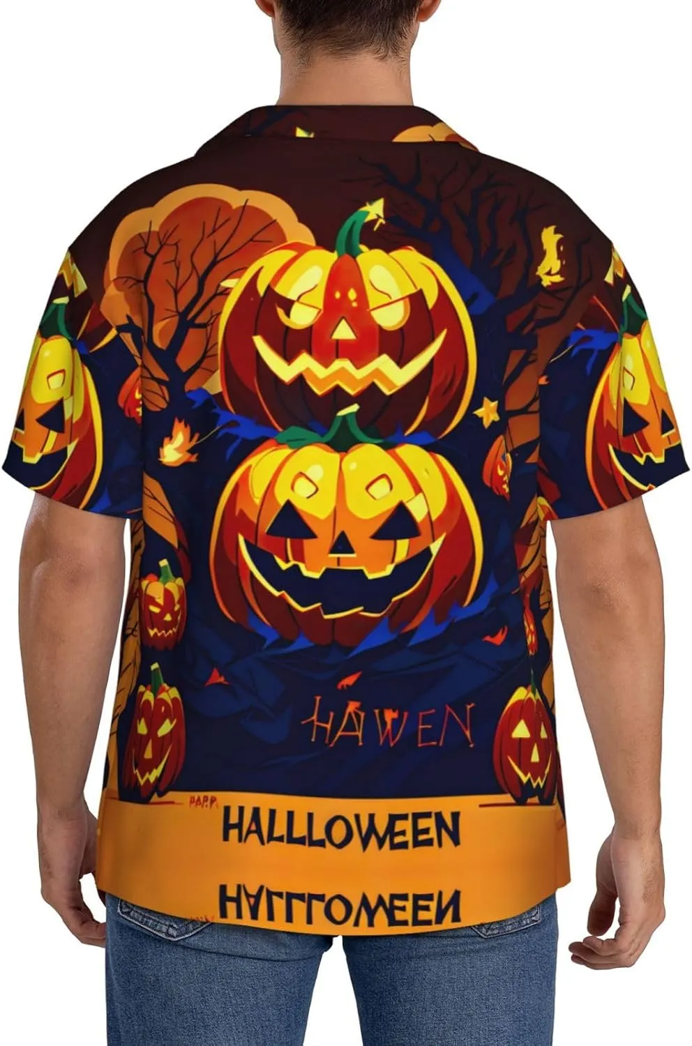 Halloween Pumpkin Printing Men's Fashion Summer Short Sleeve Button Shirt with Pocket,S-4xl Cuban Shirt Hawaiian Shirt