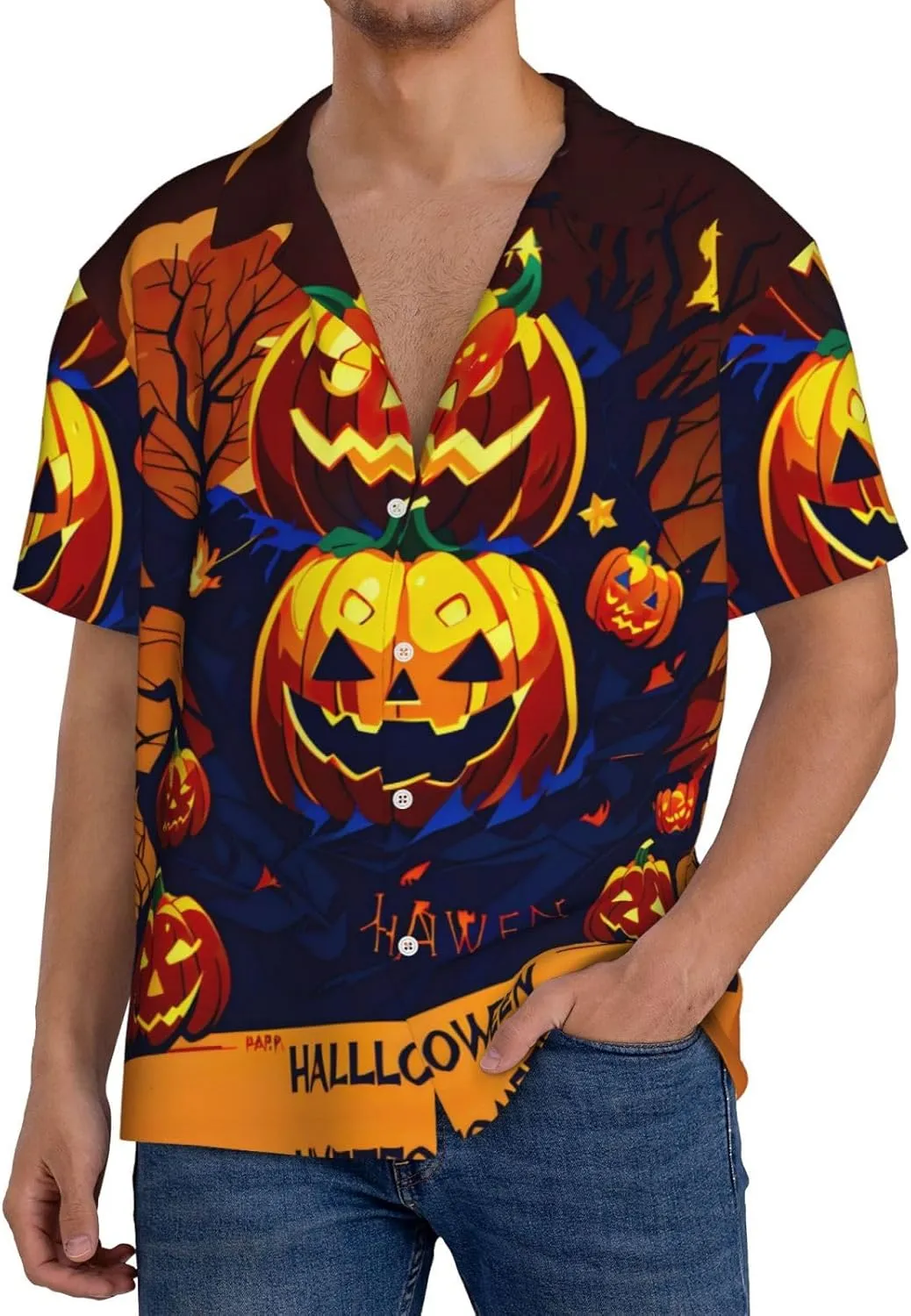Halloween Pumpkin Printing Men's Fashion Summer Short Sleeve Button Shirt with Pocket,S-4xl Cuban Shirt Hawaiian Shirt