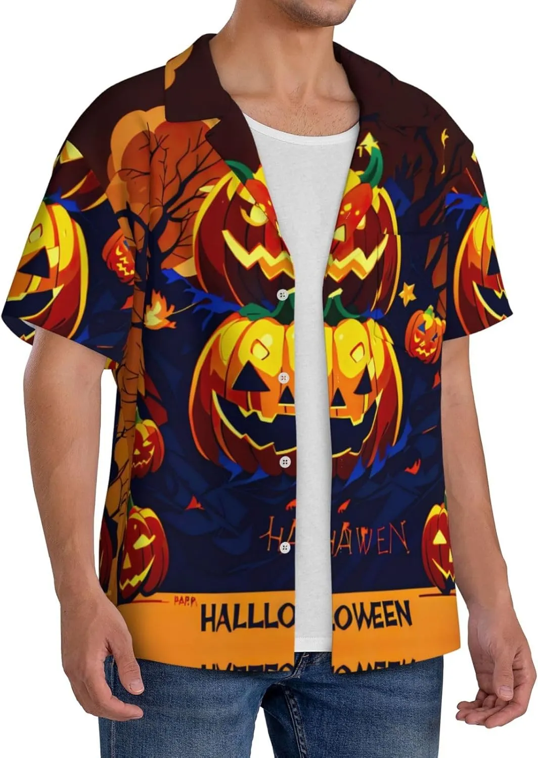 Halloween Pumpkin Printing Men's Fashion Summer Short Sleeve Button Shirt with Pocket,S-4xl Cuban Shirt Hawaiian Shirt