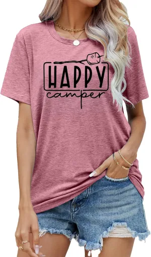 Happy Camper Shirts Womens Marshmallow Graphic Shirts Camping Casual Summer Tee Tops