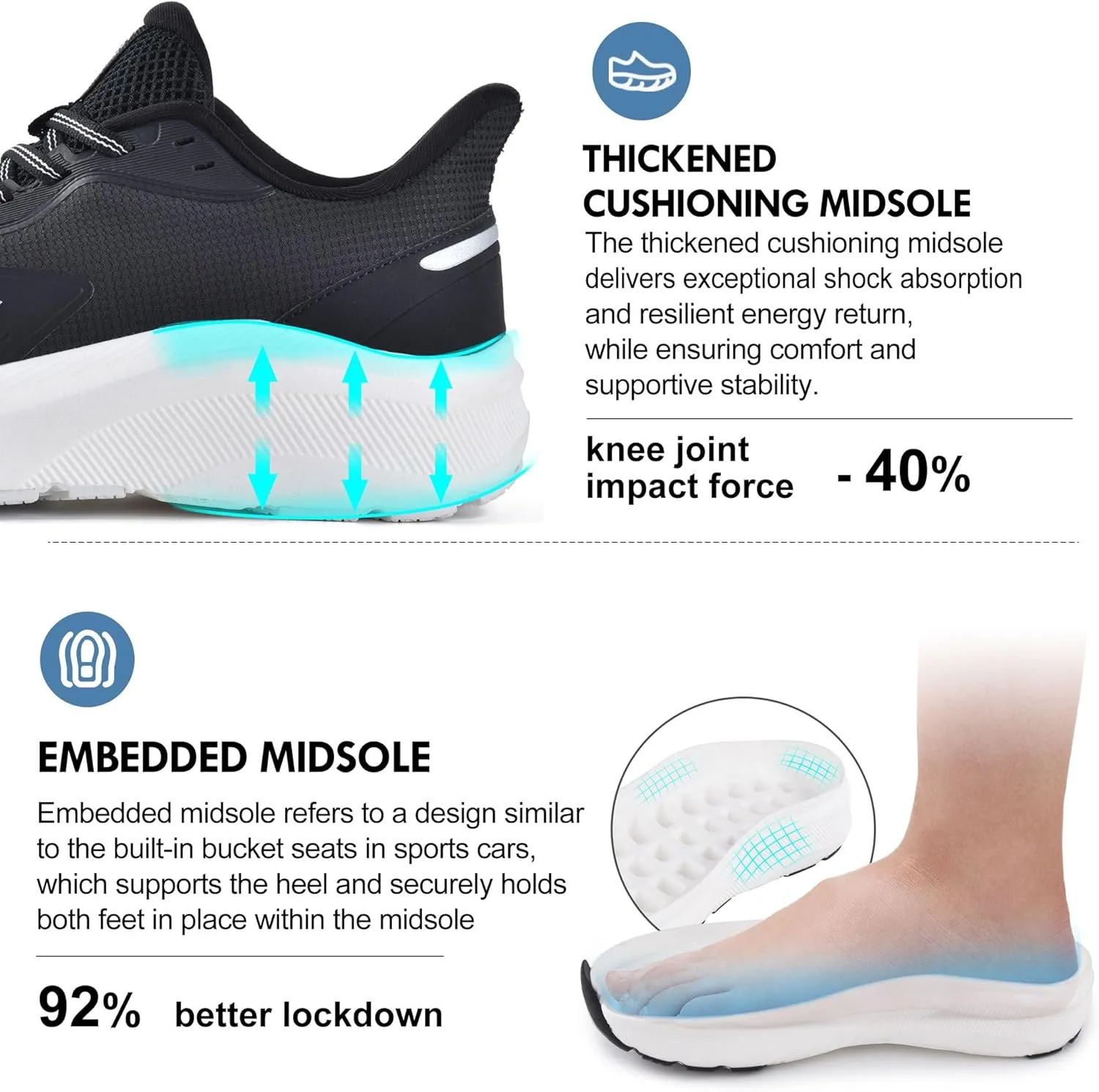 JACKSHIBO Slip in Men Hands Free Shoes Wide Toe Box Slip On Walking Running Tennis Athletic Sneakers Arch Support Plantar Fasciitis Orthopedic Shoes with Metatarsal Pads Cushion Thick Zero Drop Sole