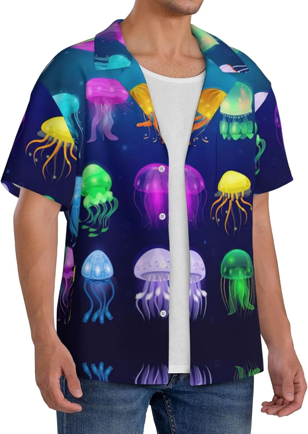 Jellyfish Ocean Printing Men's Fashion Summer Short Sleeve Button Shirt with Pocket,S-4xl Cuban Shirt Hawaiian Shirt