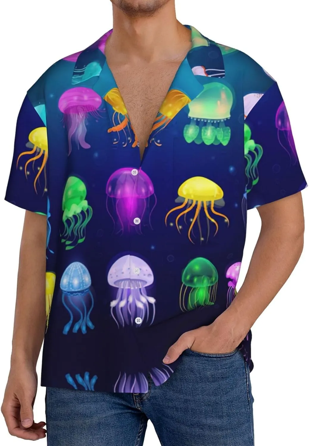 Jellyfish Ocean Printing Men's Fashion Summer Short Sleeve Button Shirt with Pocket,S-4xl Cuban Shirt Hawaiian Shirt