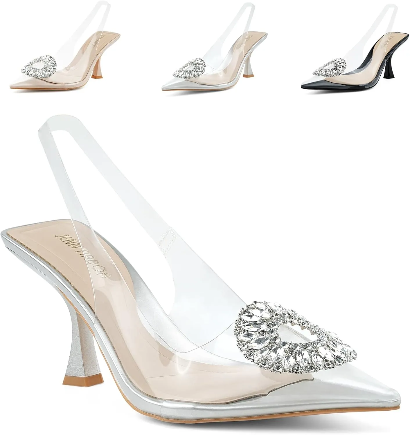 JENN ARDOR Clear Kitten Heels Sandals Slingback Closed Pointed Toe Crystal Rhinestones Wedding Bride Guest Dress High Sexy Party Pumps Comfortable Shoes For Women