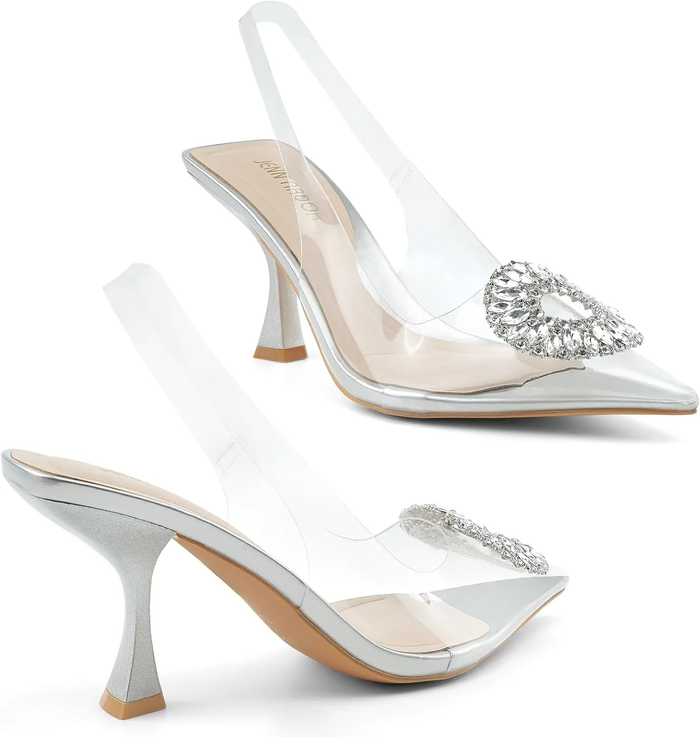 JENN ARDOR Clear Kitten Heels Sandals Slingback Closed Pointed Toe Crystal Rhinestones Wedding Bride Guest Dress High Sexy Party Pumps Comfortable Shoes For Women