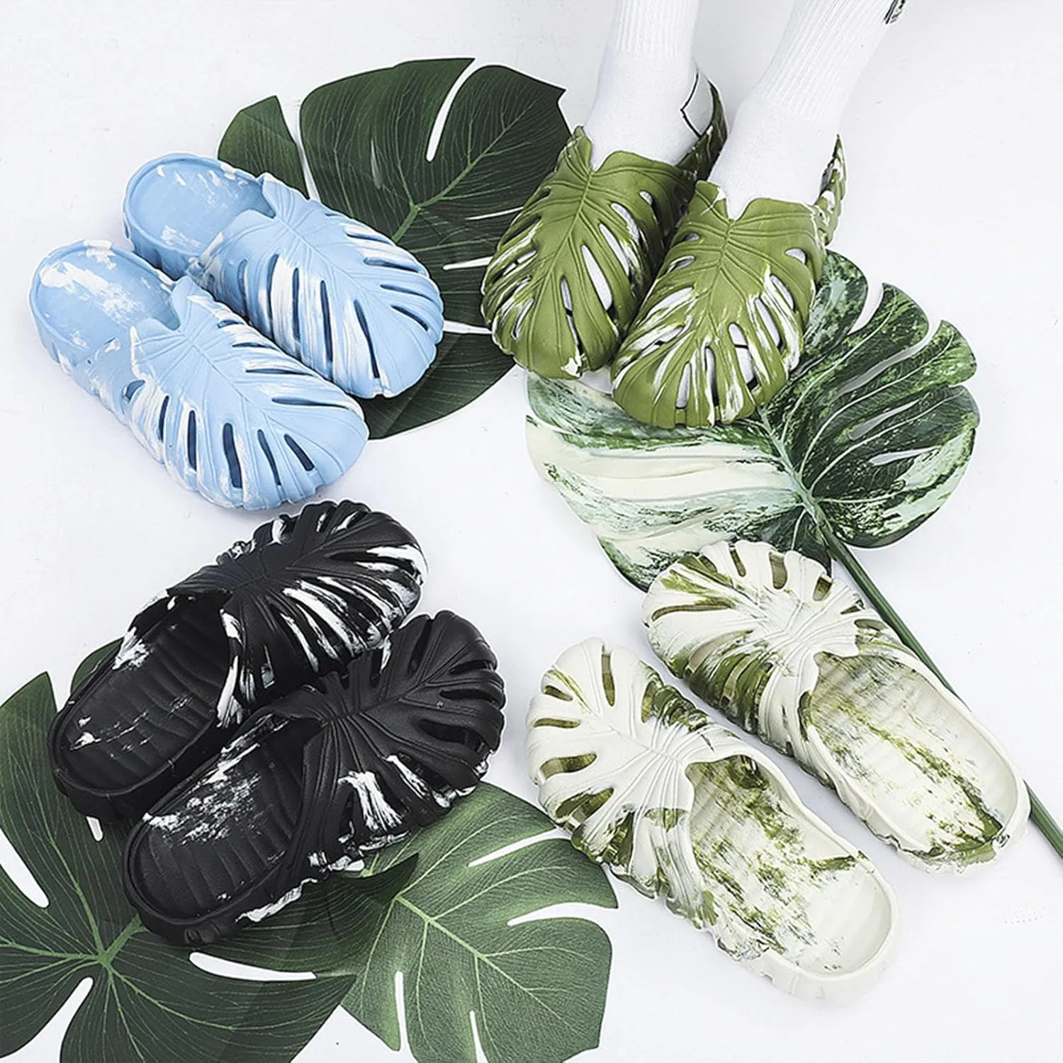 Jfxgjuv Monstera Slippers, Monstera Leaf Slippers, New Adult Anti-Slip Monstera Slippers, Monstera Slides Sandals Shoes for Women Men