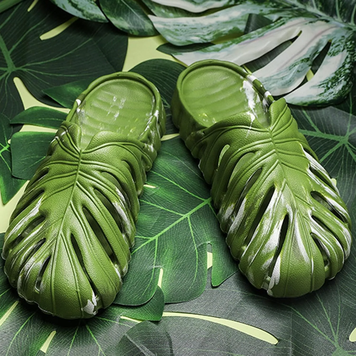Jfxgjuv Monstera Slippers, Monstera Leaf Slippers, New Adult Anti-Slip Monstera Slippers, Monstera Slides Sandals Shoes for Women Men