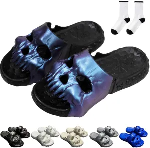 Jfxgjuv Skull Design Single Band Slides, Skull Slippers for Women Men, Soft EVA Thick Sole Anti-Slip Quick Drying Cloud Slippers Bathroom Pool Beach Sandals