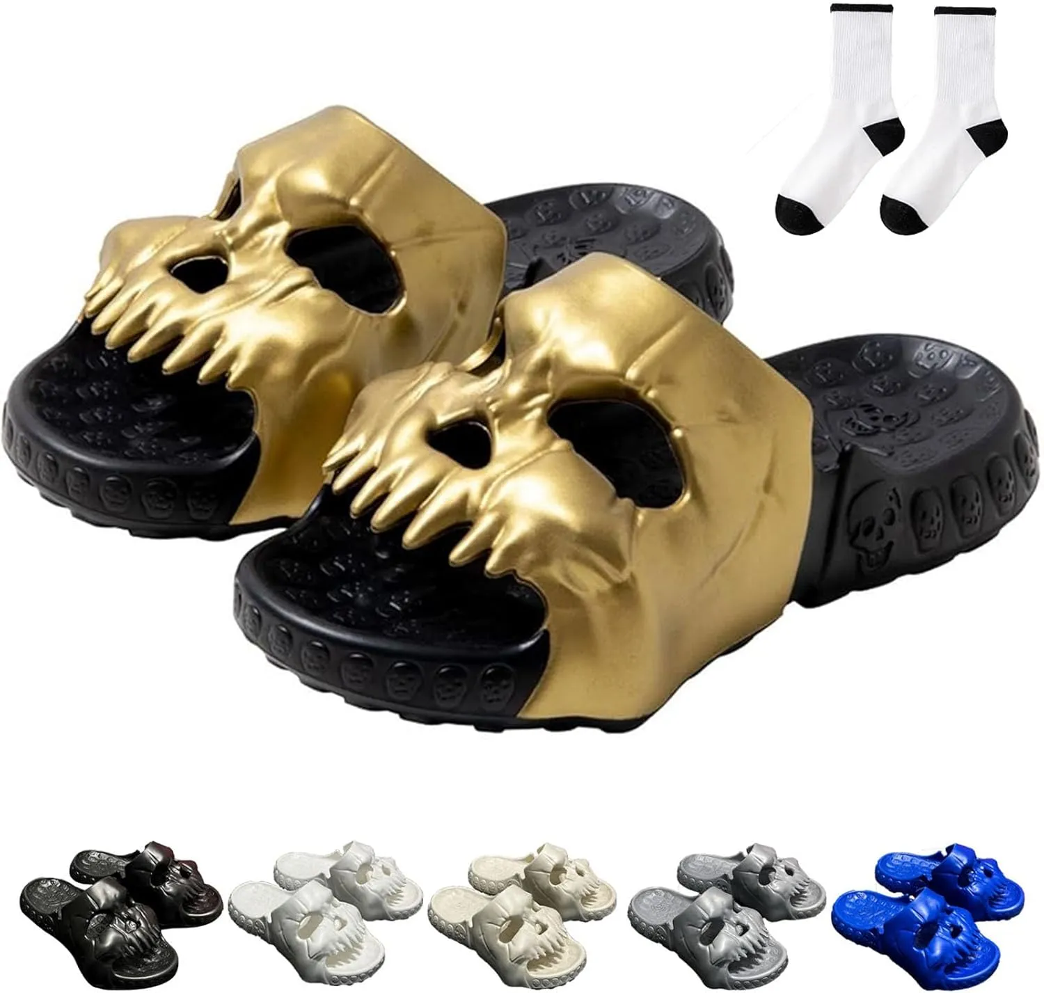 Jfxgjuv Skull Design Single Band Slides, Skull Slippers for Women Men, Soft EVA Thick Sole Anti-Slip Quick Drying Cloud Slippers Bathroom Pool Beach Sandals
