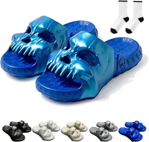Jfxgjuv Skull Design Single Band Slides, Skull Slippers for Women Men, Soft EVA Thick Sole Anti-Slip Quick Drying Cloud Slippers Bathroom Pool Beach Sandals