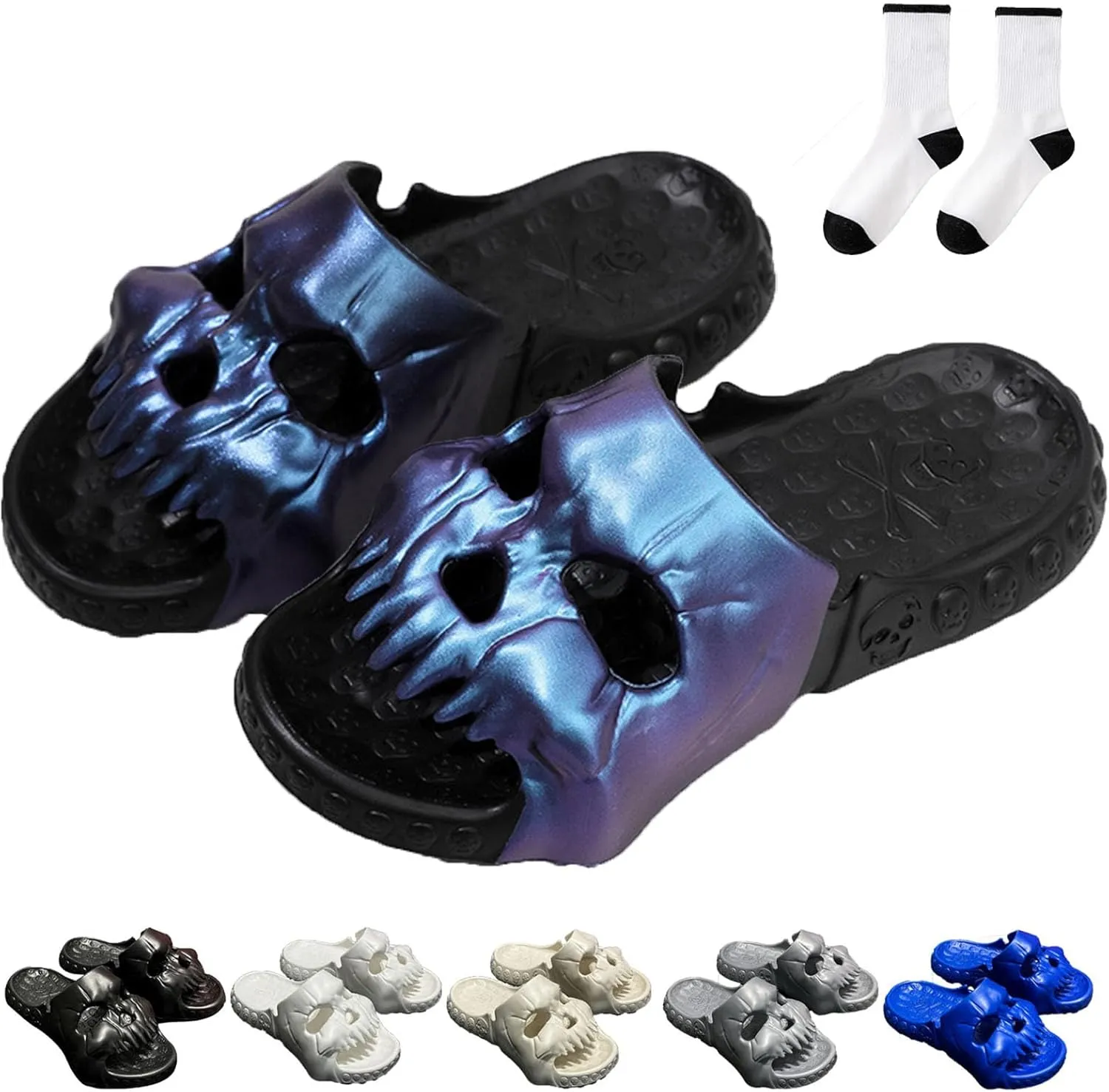 Jfxgjuv Skull Design Single Band Slides, Skull Slippers for Women Men, Soft EVA Thick Sole Anti-Slip Quick Drying Cloud Slippers Bathroom Pool Beach Sandals