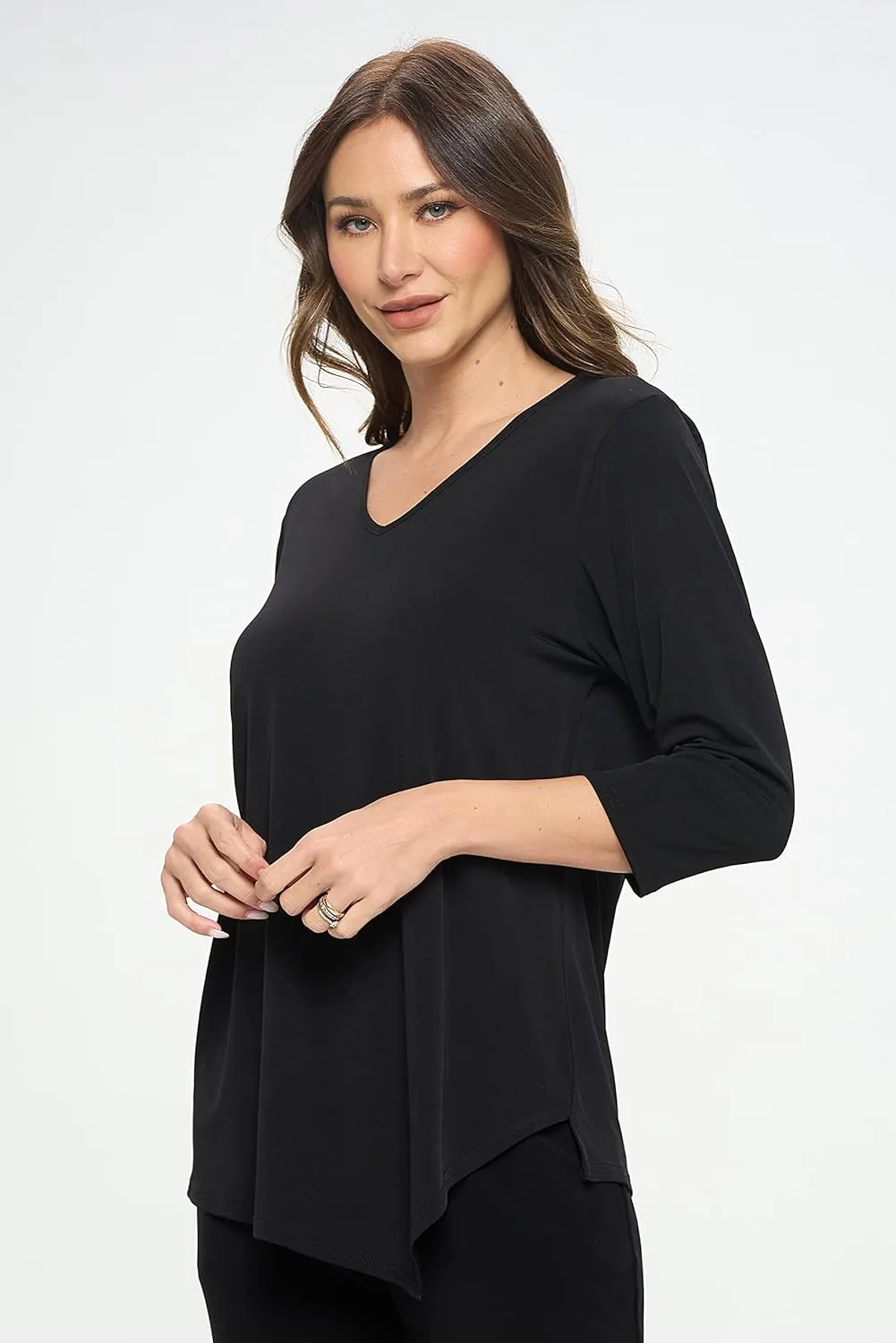 Jostar Women's Casual Tunic Top - 3/4 Sleeve Contrast Print and Solid Center Drop V-Neck Asymmetrical Hem T Shirt Blouse