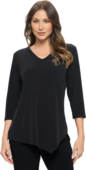 Jostar Women's Casual Tunic Top - 3/4 Sleeve Contrast Print and Solid Center Drop V-Neck Asymmetrical Hem T Shirt Blouse