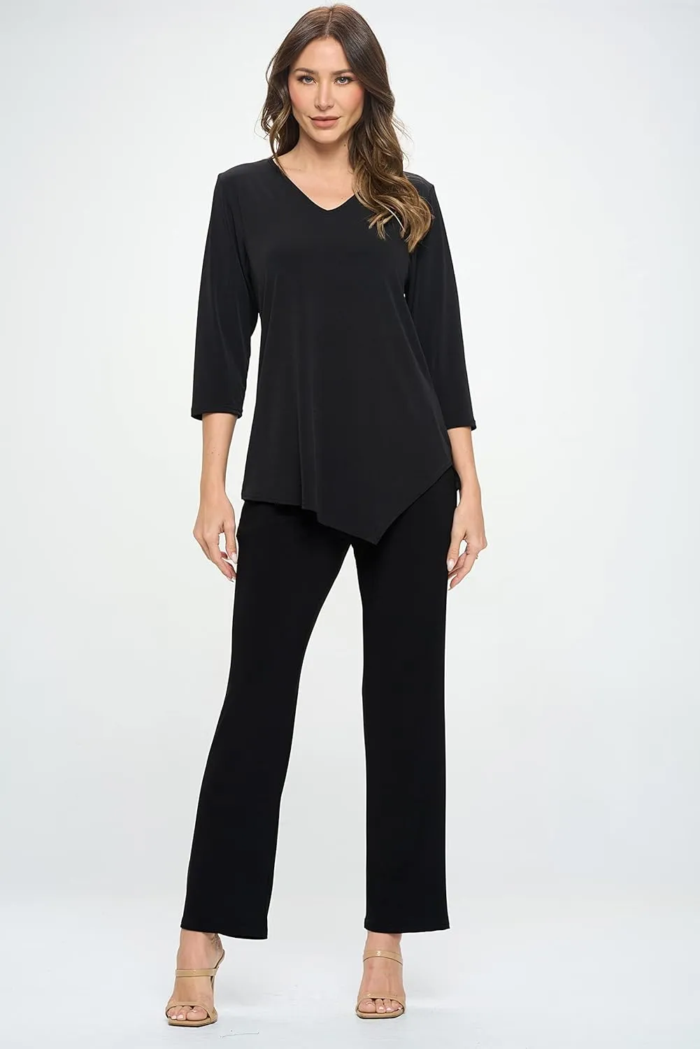 Jostar Women's Casual Tunic Top - 3/4 Sleeve Contrast Print and Solid Center Drop V-Neck Asymmetrical Hem T Shirt Blouse