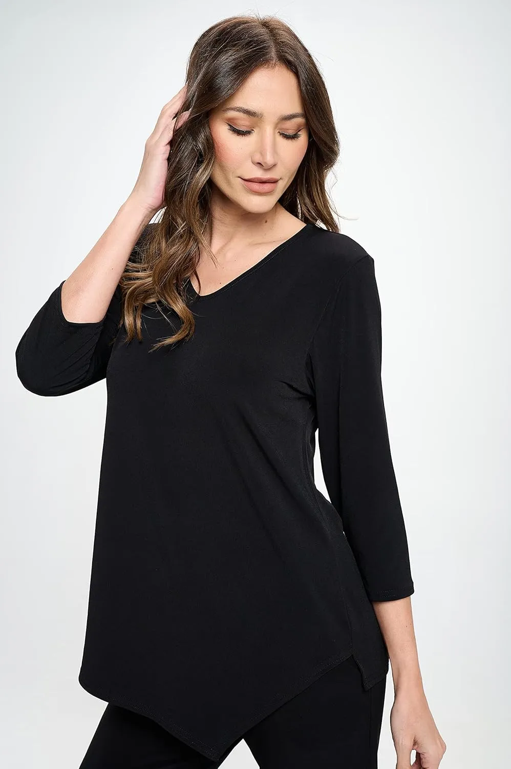 Jostar Women's Casual Tunic Top - 3/4 Sleeve Contrast Print and Solid Center Drop V-Neck Asymmetrical Hem T Shirt Blouse