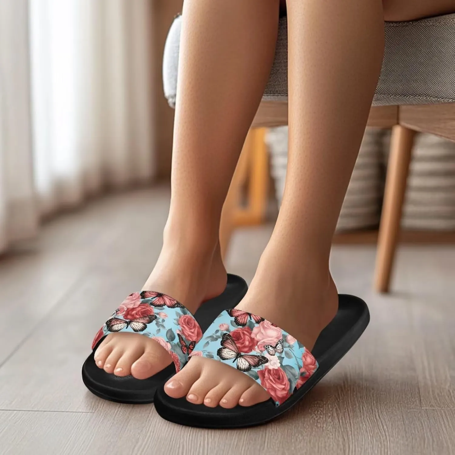 JoyLamoria Women Plants Print Slides House Sandals Thick Sole Pillow Slippers Non-Slip Shower Beach Pool Indoor Outdoor Summer