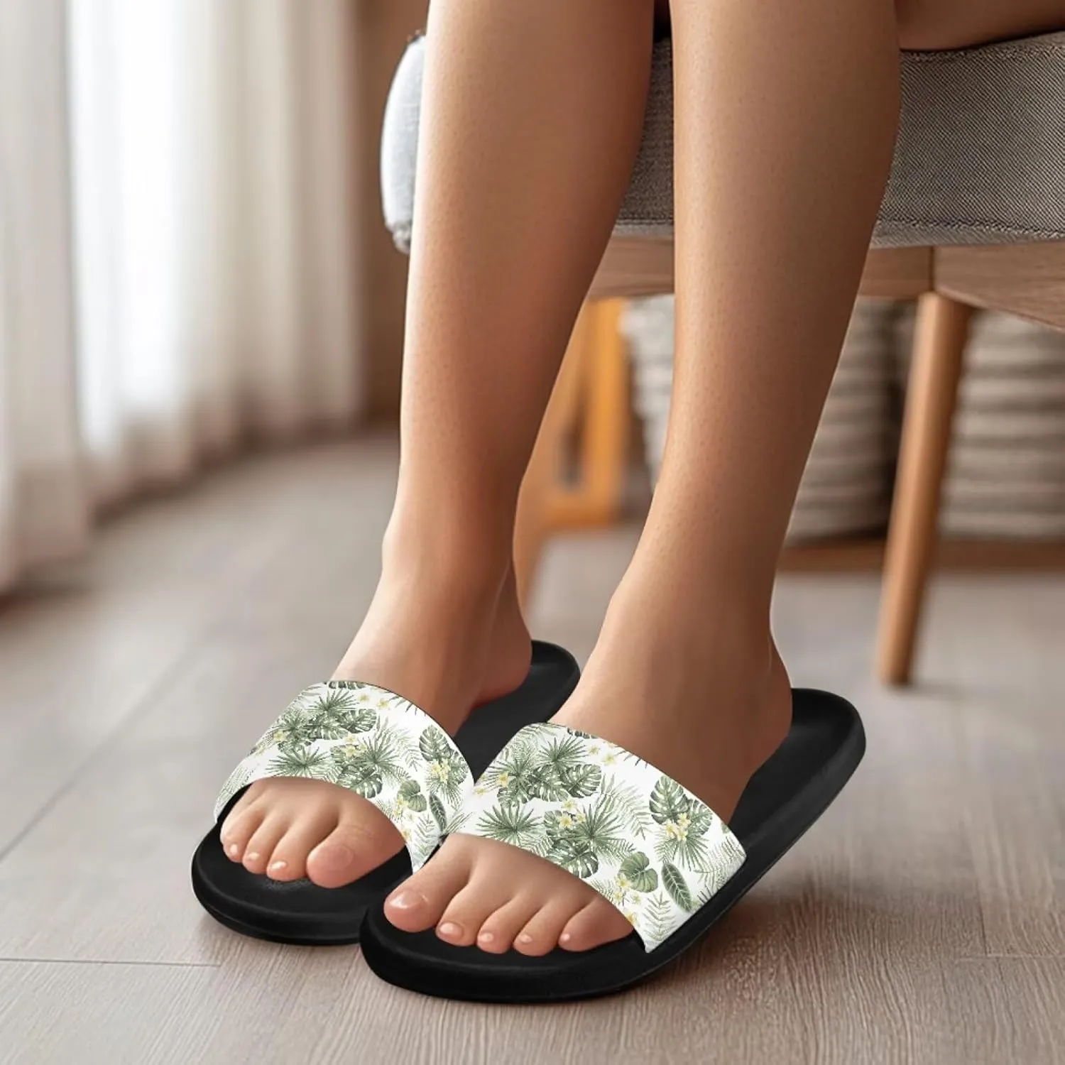 JoyLamoria Women Plants Print Slides House Sandals Thick Sole Pillow Slippers Non-Slip Shower Beach Pool Indoor Outdoor Summer