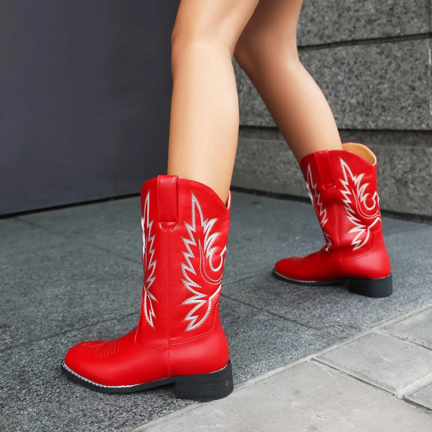 Kluolandi Mid Calf Cowgirl Boots for Women Low Heel Comfortable Square Toe Embroidered Western Cowboy Boots