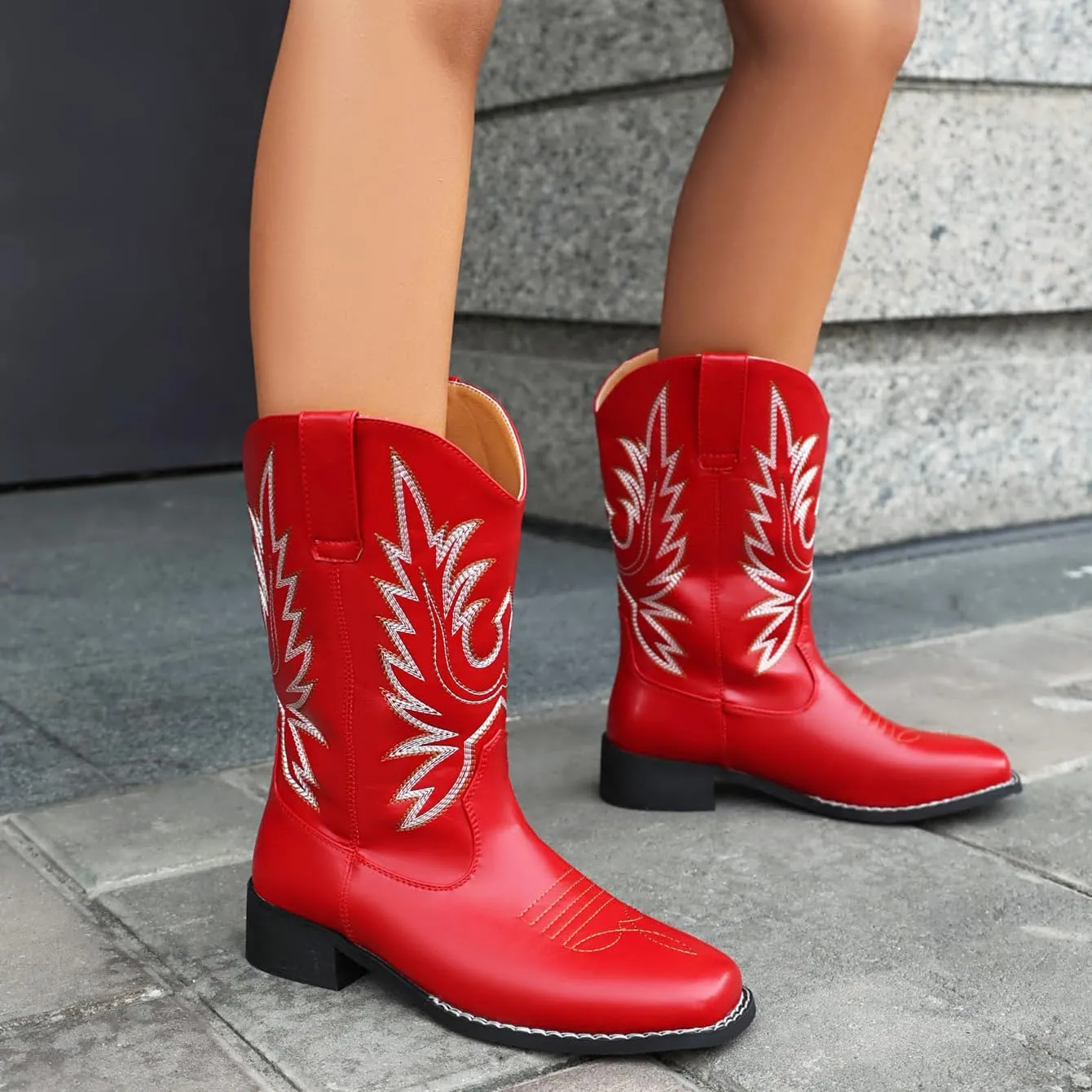 Kluolandi Mid Calf Cowgirl Boots for Women Low Heel Comfortable Square Toe Embroidered Western Cowboy Boots