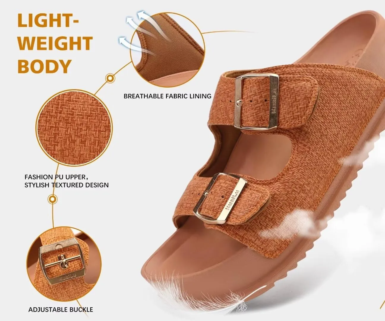 KuaiLu Womens Sandals with Arch Support Comfortable Orthopedic Cushion Recovery Slides Summer Fashion Leather Double Buckle Casual Slip On Plantar Fasciitis Shoes for Indoor&Outdoor (US Size 6-12)