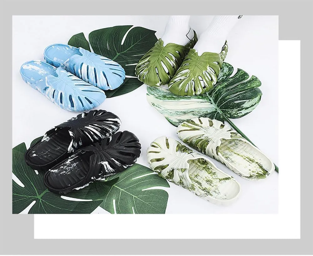 LELEBEAR Monstera Slippers for Men Women, Variegated Monstera Shoes, Monstera EVA Thick Sole Pillow Slippers Sandals