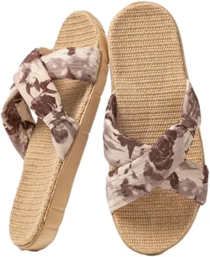 Linen Slippers for Women Fashion Cross Band Open Toe Slip on Bedroom House Slides Summer Indoor Comfy Soft Silent Home Shoes Sandals
